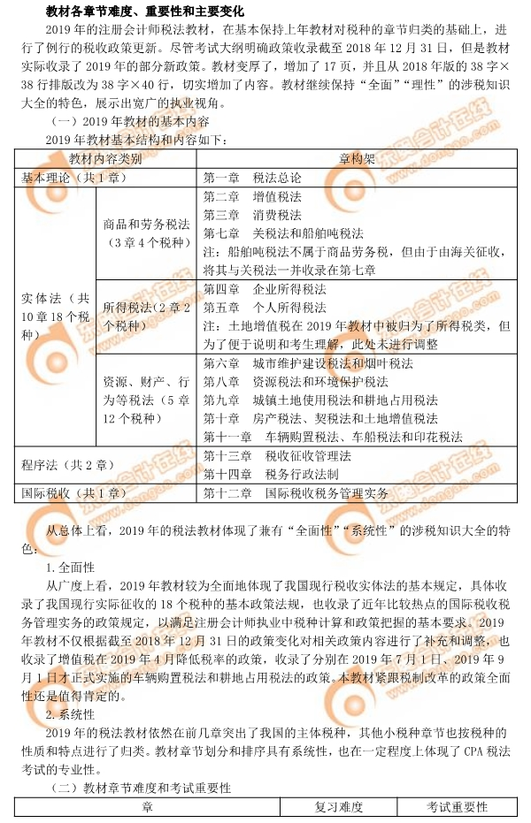 2019年注會(huì)稅法教材各章節(jié)難度、重要性和主要變化
