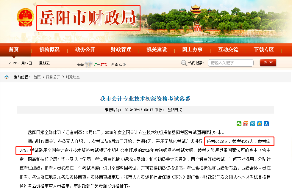 湖南省岳陽(yáng)市初級(jí)會(huì)計(jì)考試出考率67%