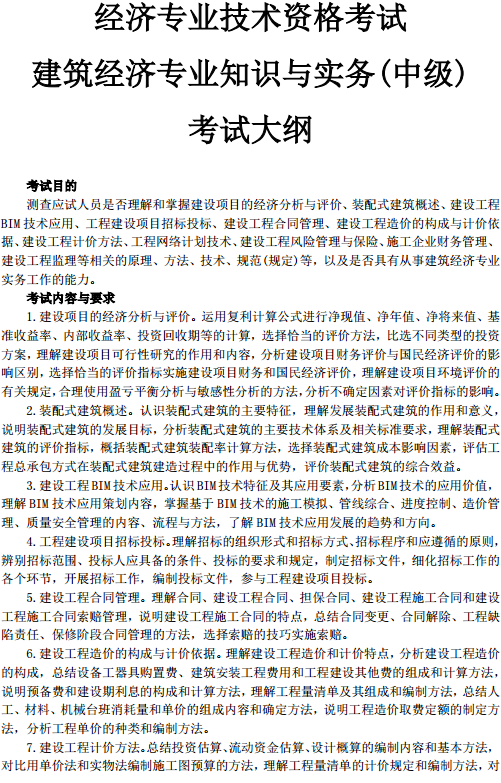 中級經(jīng)濟師建筑考試大綱—考試目的、考試內(nèi)容與要求