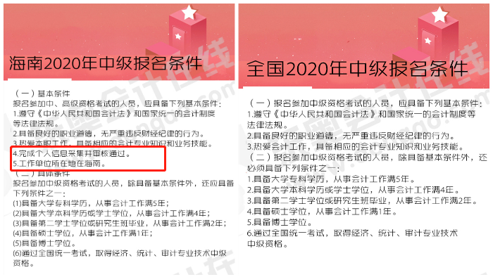 一、海南VS全國(guó)2020年中級(jí)會(huì)計(jì)報(bào)名條件對(duì)比