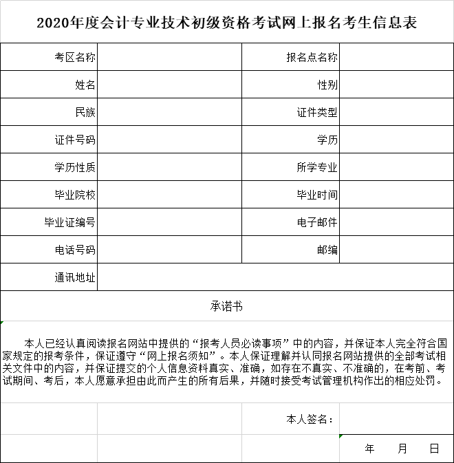 2020年度會計專業(yè)技術初級資格考試網(wǎng)上報名考生信息表