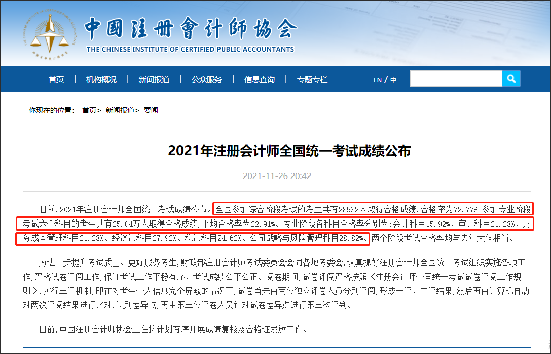 《2021年注冊會計師全國統(tǒng)一考試成績公布》公告原文