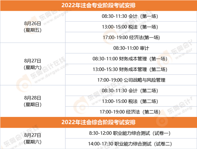 2022年注會考試時(shí)間安排