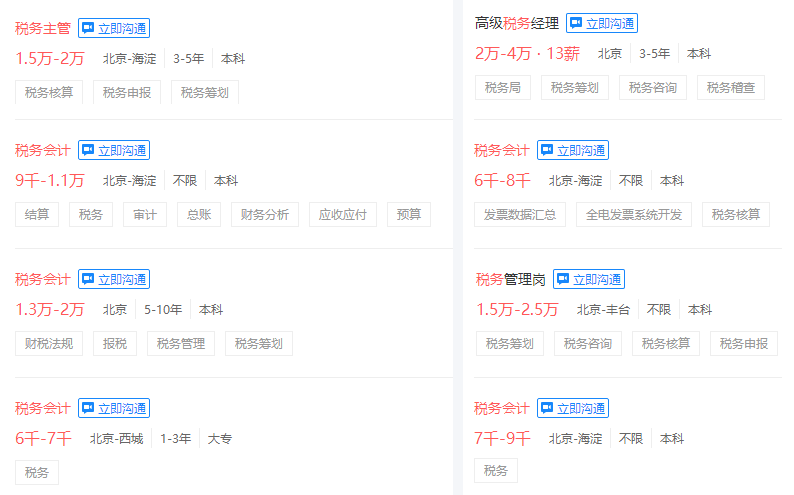 稅務(wù)相關(guān)崗位薪酬待遇