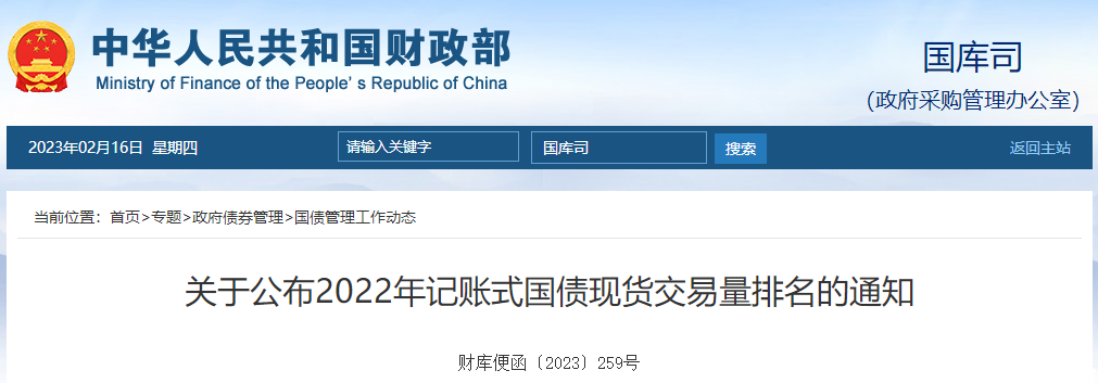 關(guān)于公布2022年記賬式國債現(xiàn)貨交易量排名的通知