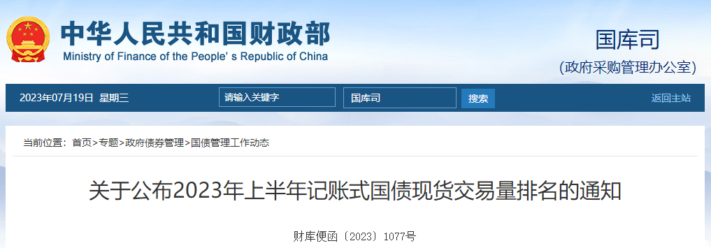 關于公布2023年上半年記賬式國債現(xiàn)貨交易量排名的通知