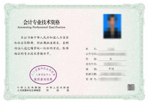 中級會計合格證書