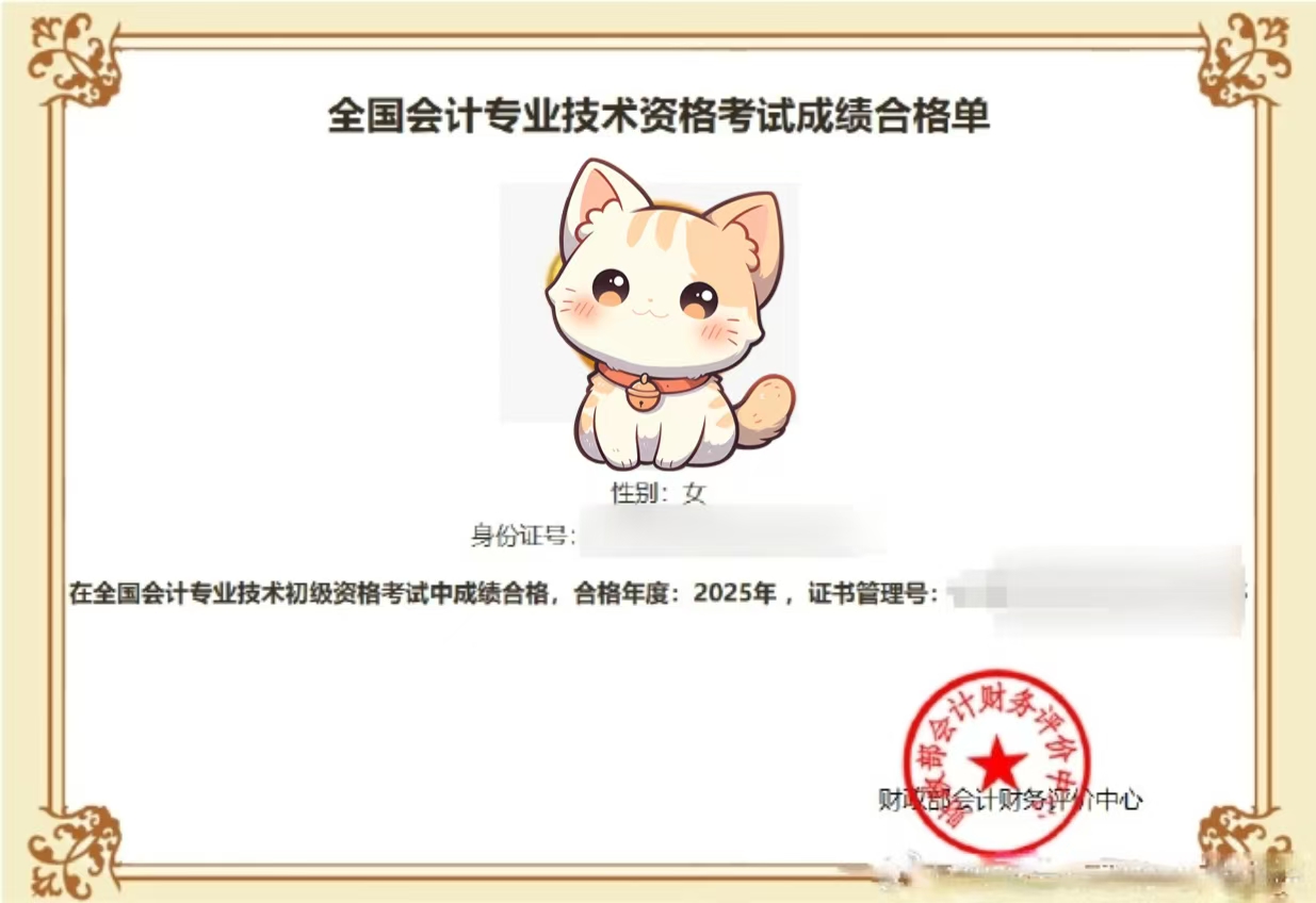 初級會計成績合格單