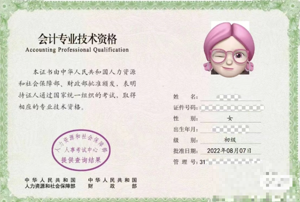 初級會計(jì)證書電子版示意圖