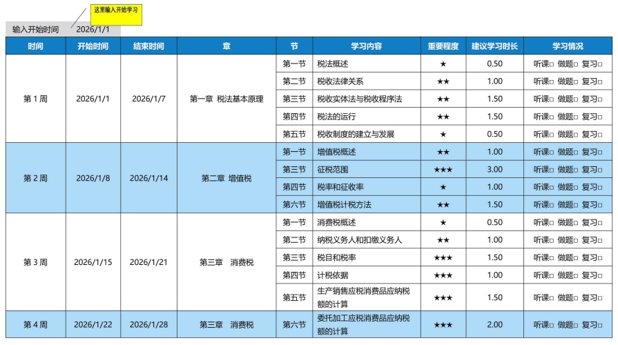 26年《稅法一》預習階段學習計劃